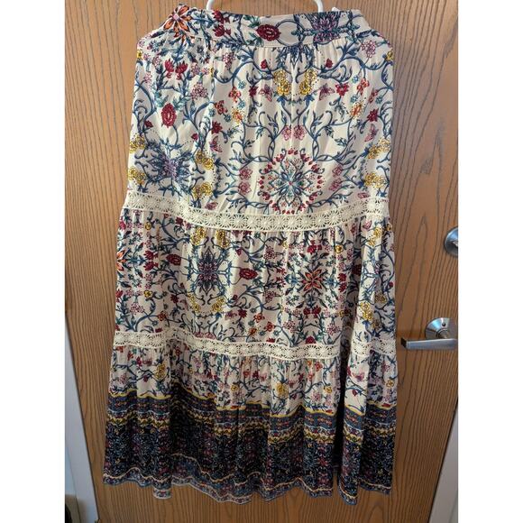 Blue Rain Floral Blue Yellow Cream/Lace Trim Elastic Waist Maxi Skirt Size Small - Picture 1 of 5
